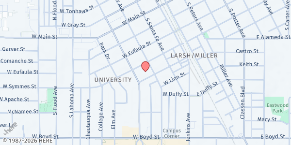 Map showing McFarlin Memorial United Methodist Church at 419 S University Blvd, Norman, OK