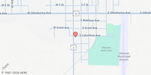 Map showing Church of God at 403 S Main St, Okeene, OK