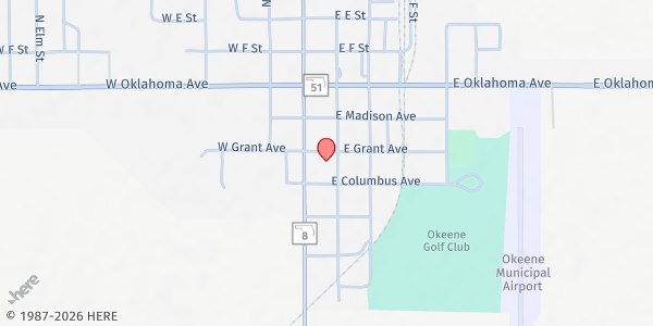 Map showing Okeene Methodist Church at 302 S 5th St, Okeene, OK