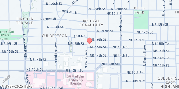 Map showing Corpus Christi Catholic Church at 1616 N. Kelley Ave., Oklahoma City, OK