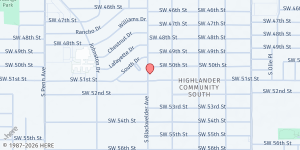 Map showing Crossover Church Outreach Center at 5114 S. Blackwelder Ave., Oklahoma City, OK