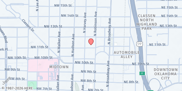 Map showing First Baptist Church of OK City - Care For OKC at 1201 N. Robinson Ave., Oklahoma City, OK