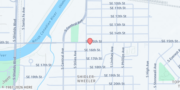 Map showing Skyline Urban Ministry Food Resource Center at 500 SE 15th St., Oklahoma City, OK