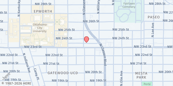Map showing Trinity Baptist Church at 1329 NW 23rd St., Oklahoma City, OK