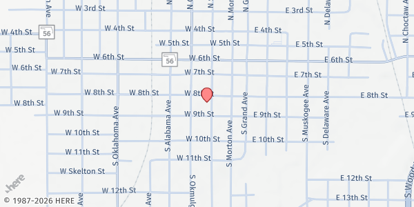 Map showing First United Methodist Church Okmulgee at 302 S Seminole, Okmulgee, OK