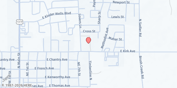 Map showing Lost Creek United Methodist Church at 805 E Kirk Ave, Perkins, OK