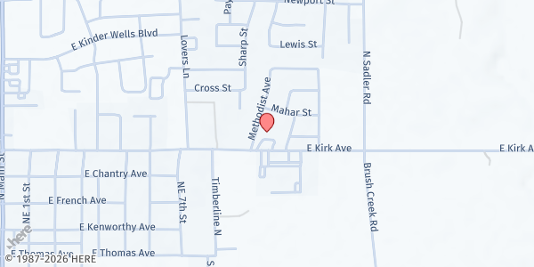 Map showing Neighborhood Ministry at 1005 E Kirk St, Perkins, OK