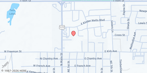 Map showing Oak Park Event Venue at 805 E. Kirk Ave., Perkins, OK