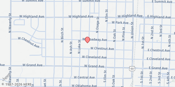 Map showing Ponca City Foursquare Church at 701 W Chestnut Ave, Ponca City, OK