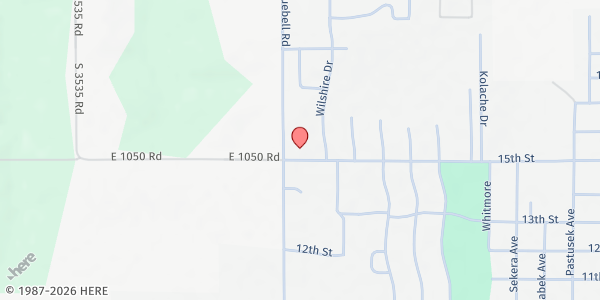 Map showing Prague First Baptist Church at 1500 Bluebell Rd., Prague, OK