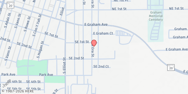 Map showing First Free Will Baptist Church at 107 S Ora St, Pryor, OK