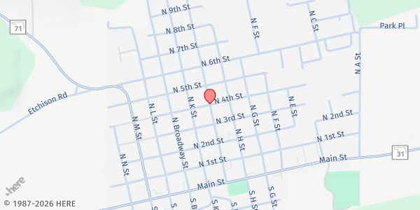 Map showing The Vine Food Pantry at 4th & J St, Quinton, OK