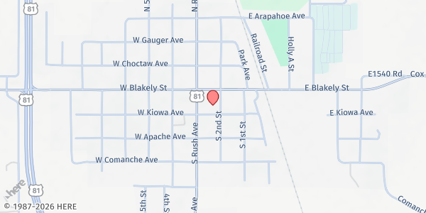 Map showing Southern Baptist Church at 115 S. 2nd St., Rush Springs, OK