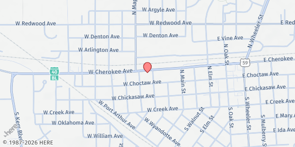 Map showing First Assembly Soup N Soulz at 100 E. Cherokee Ave., Sallisaw, OK