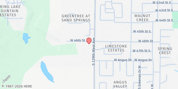 Map showing CrossPoint Church at 4600 S. 129th W. Ave., Sand Springs, OK