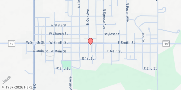 Map showing First Baptist Church of Stratford at 121 Oak St., Stratford, OK