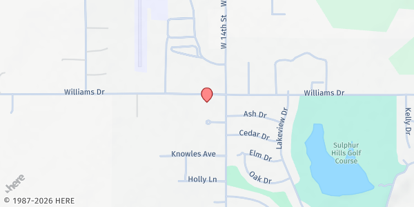 Map showing Cornerstone Methodist Church at 2022 W. 14th St., Sulphur, OK