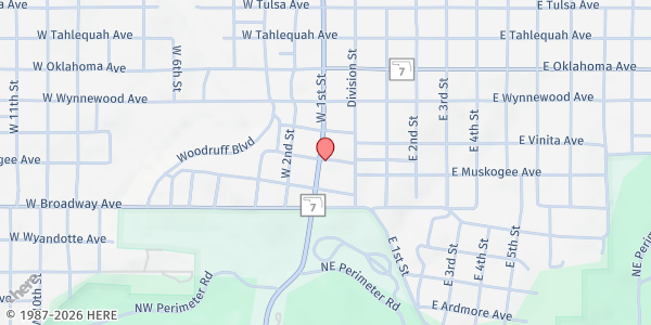 Map showing Southern Oklahoma Nutrition Program of Sulphur at 728 Cambridge Dr, Sulphur, OK