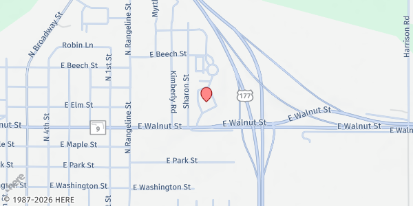 Map showing Highland Church of Christ at 905 E Walnut, Tecumseh, OK