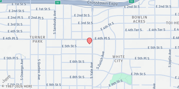 Map showing Braden Park Baptist Church at 4739 E 5th St, Tulsa, OK