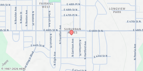 Map showing Caring Hearts Foundation at 542 E. 46th St. N., Tulsa, OK