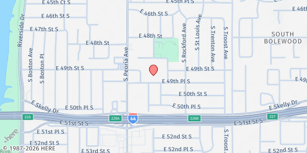 Map showing Church of St. Mary Outreach (COSMO) Center at 1319 E. 49th Pl., Tulsa, OK