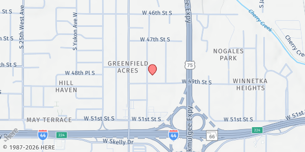 Map showing Contact Mission Church of Christ at 1529 W. 49th St., Tulsa, OK