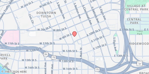 Map showing First Christian Church at 941 S. Boulder Ave., Tulsa, OK