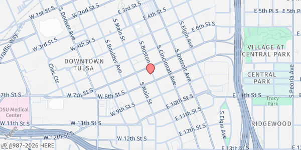 Map showing Helping Hand Ministry at 712 S. Boston Ave., Tulsa, OK