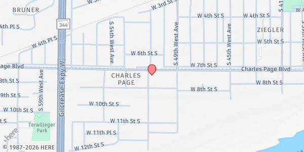 Map showing Neighbors Along the Line Food Pantry at 5000 Charles Page Blvd., Tulsa, OK