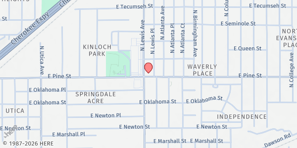 Map showing Springdale Baptist Church at 1511 N. Lewis Ave., Tulsa, OK