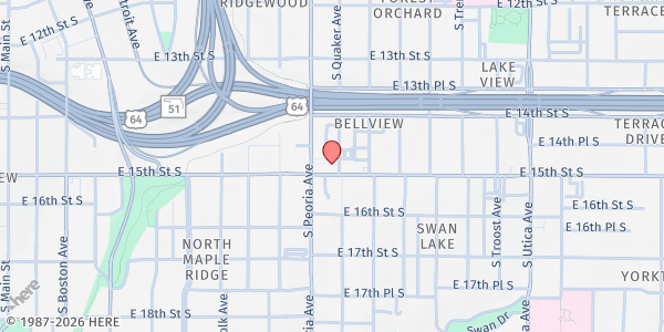 Map showing St. Paul's Manna Meals at 1442 S. Quaker Ave., Tulsa, OK