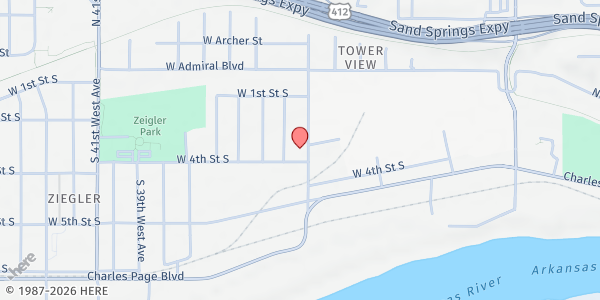 Map showing The Ministry Center at 312 S. 33rd W. Ave., Tulsa, OK