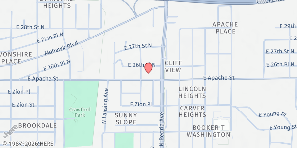 Map showing True Vine Outreach at 1115 E. Apache St., Tulsa, OK