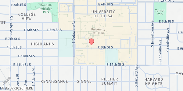 Map showing University of Tulsa at 800 S Tucker Dr., Tulsa, OK