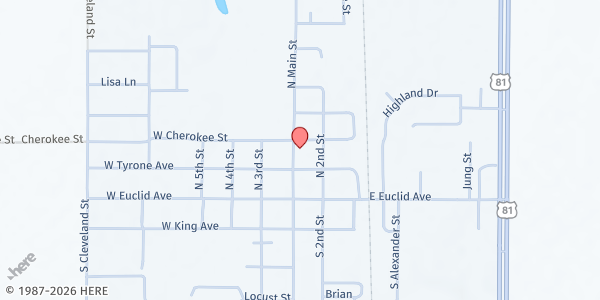 Map showing Waukomis Community Church at 221 N Main St, Waukomis, OK