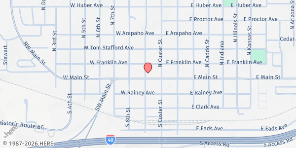 Map showing Weatherford Ministerial Alliance Community Food Pantry at 106 N Broadway St, Weatherford, OK
