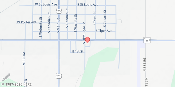 Map showing Muscogee (Creek) Nation Food Distribution Center - Wetumka at 614 Spokoke Cir., Wetumka, OK