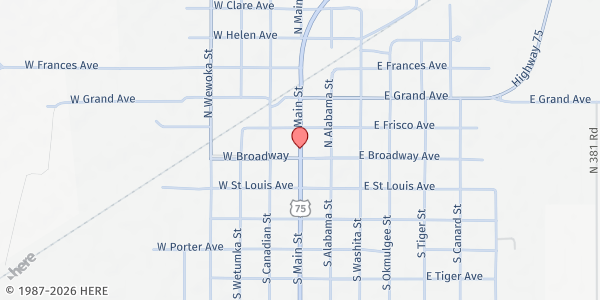 Map showing Texas Banner Church at 3075 Hwy 75, Wetumka, OK