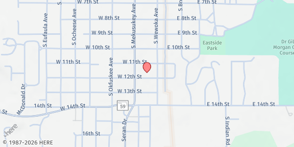 Map showing New Life Church at 121 W. 12th St., Wewoka, OK