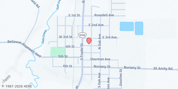 Map showing Food Pantry - 118 Maddox Ave at 118 Maddox Ave, Amity, OR