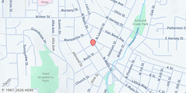 Map showing First United Methodist Church of Ashland at 175 N Main St, Ashland, OR