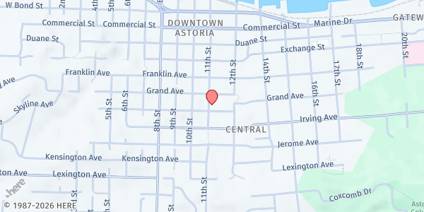 Map showing Clatsop Emergency Food Bank at First Presbyterian Church at 1103 Grand Avenue, Astoria, OR