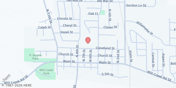 Map showing Aumsville Community Food Pantry at 645 Cleveland St., Aumsville, OR
