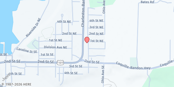 Map showing Restoration Worship Center at 89 North Avenue NE, Bandon, OR
