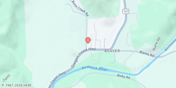 Map showing Nestucca Pass It On Pantry at Beaver Community Church at 24425 Bunn Creek Road, Beaver, OR