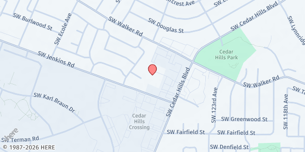 Map showing Virginia Garcia Beaverton Free Food Market - Cedar Hills Park at 2725 SW Cedar Hill Boulevard, Suite 200, Beaverton, OR