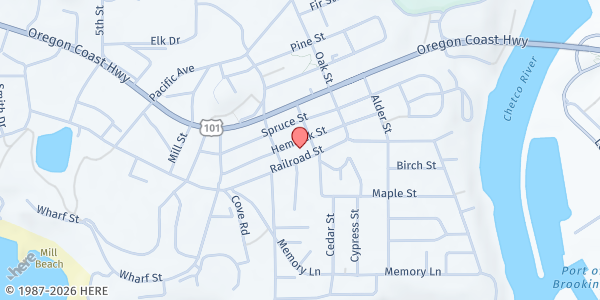 Map showing Brookings Harbor Community Helpers at 539 Hemlock Street, Brookings, OR