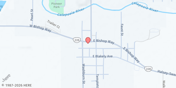 Map showing Sharing Hands Pantry at 107 Bishop Way, Brownsville, OR