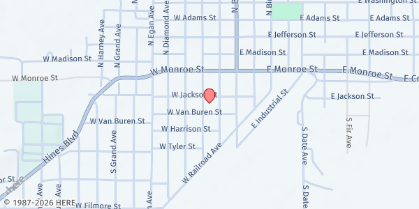 Map showing Burns Christian Church Food Pantry at 125 S Buena Vista, Burns, OR